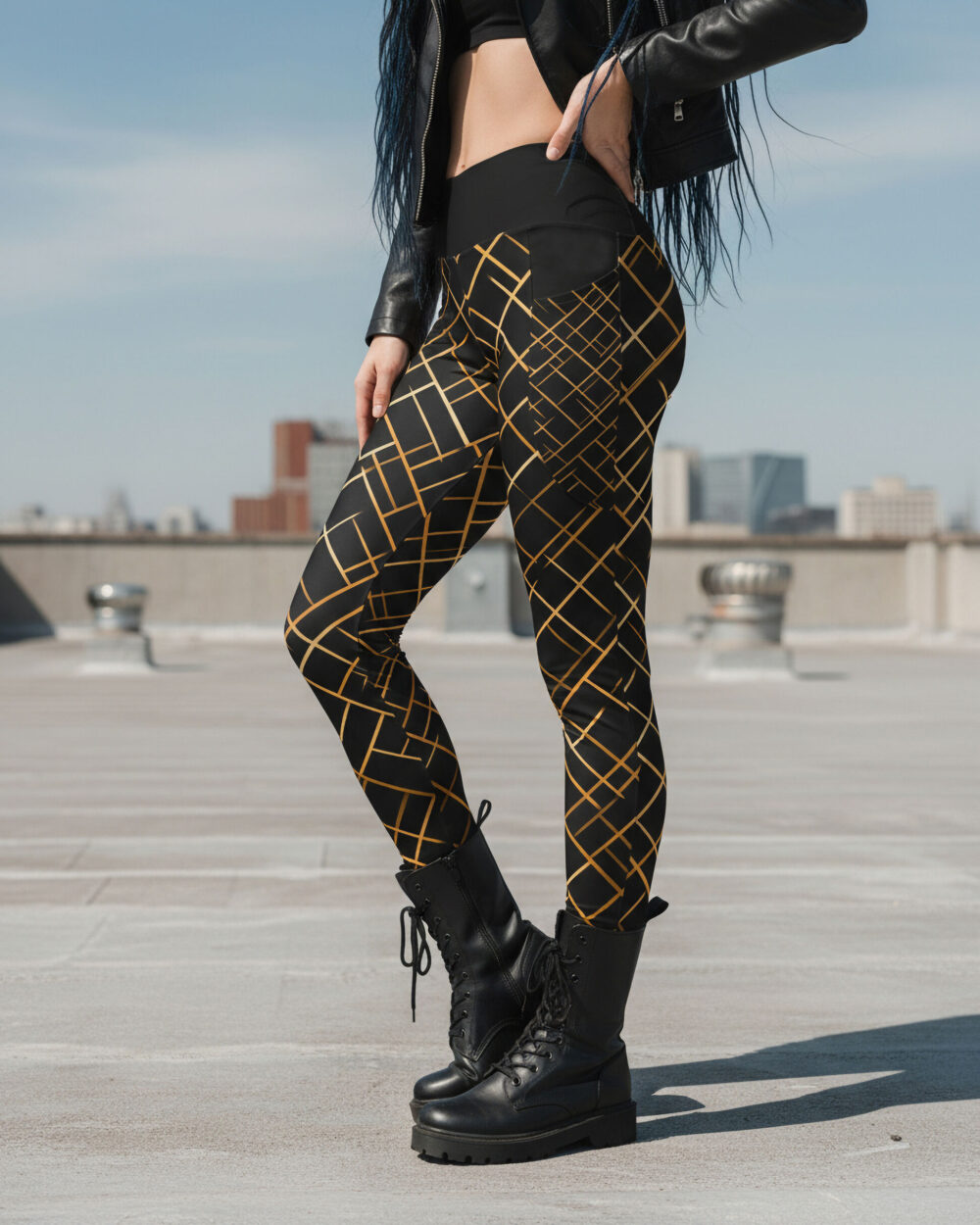 Golden Grid Lines Futuristic Leggings